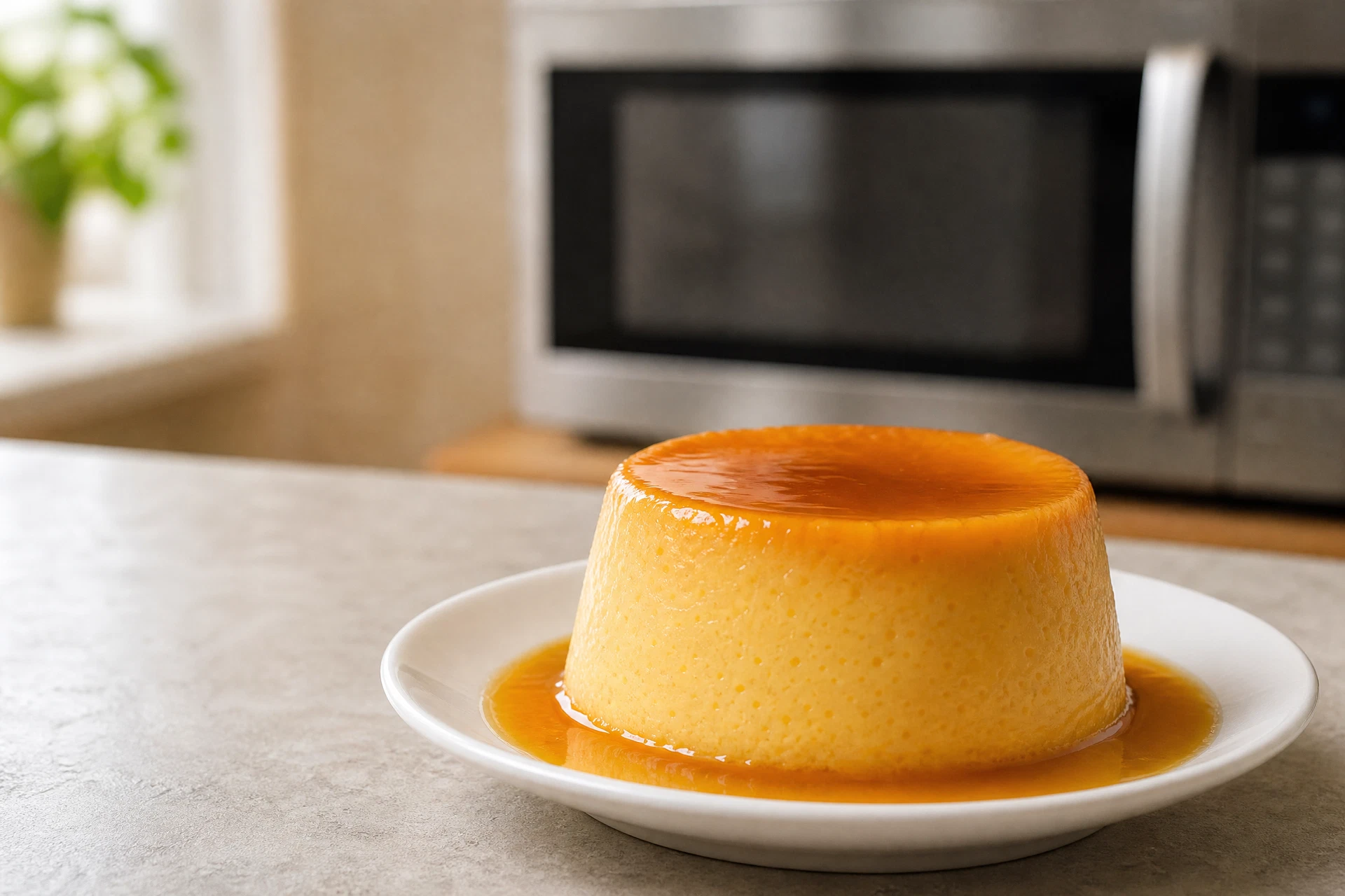 Pudim individual com calda de caramelo em prato branco ao lado de micro-ondas sem marca.
