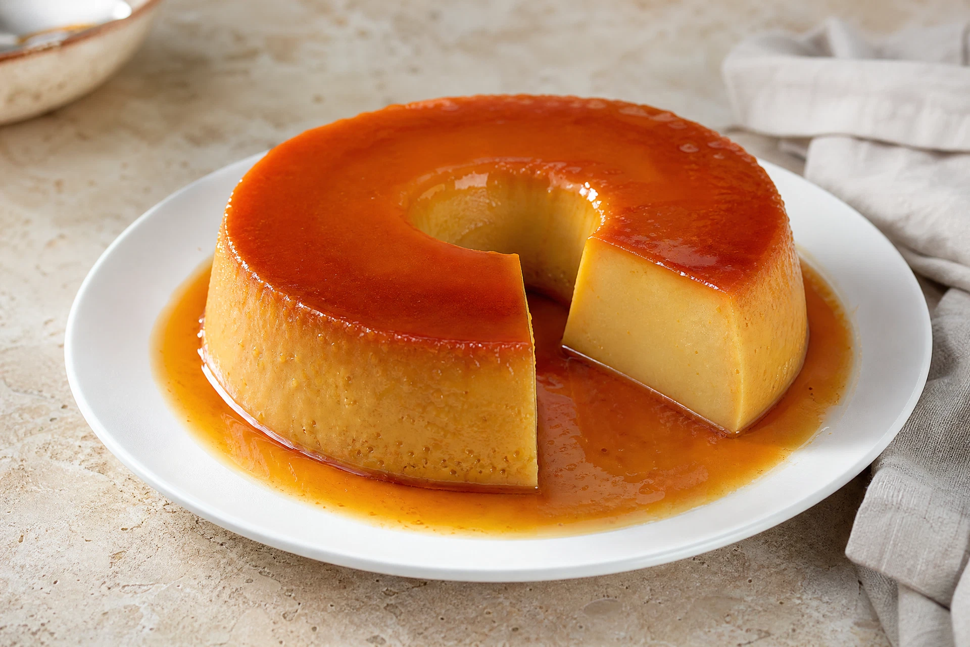 Fatia de pudim sem leite condensado com calda de caramelo em prato branco sobre mesa clara.