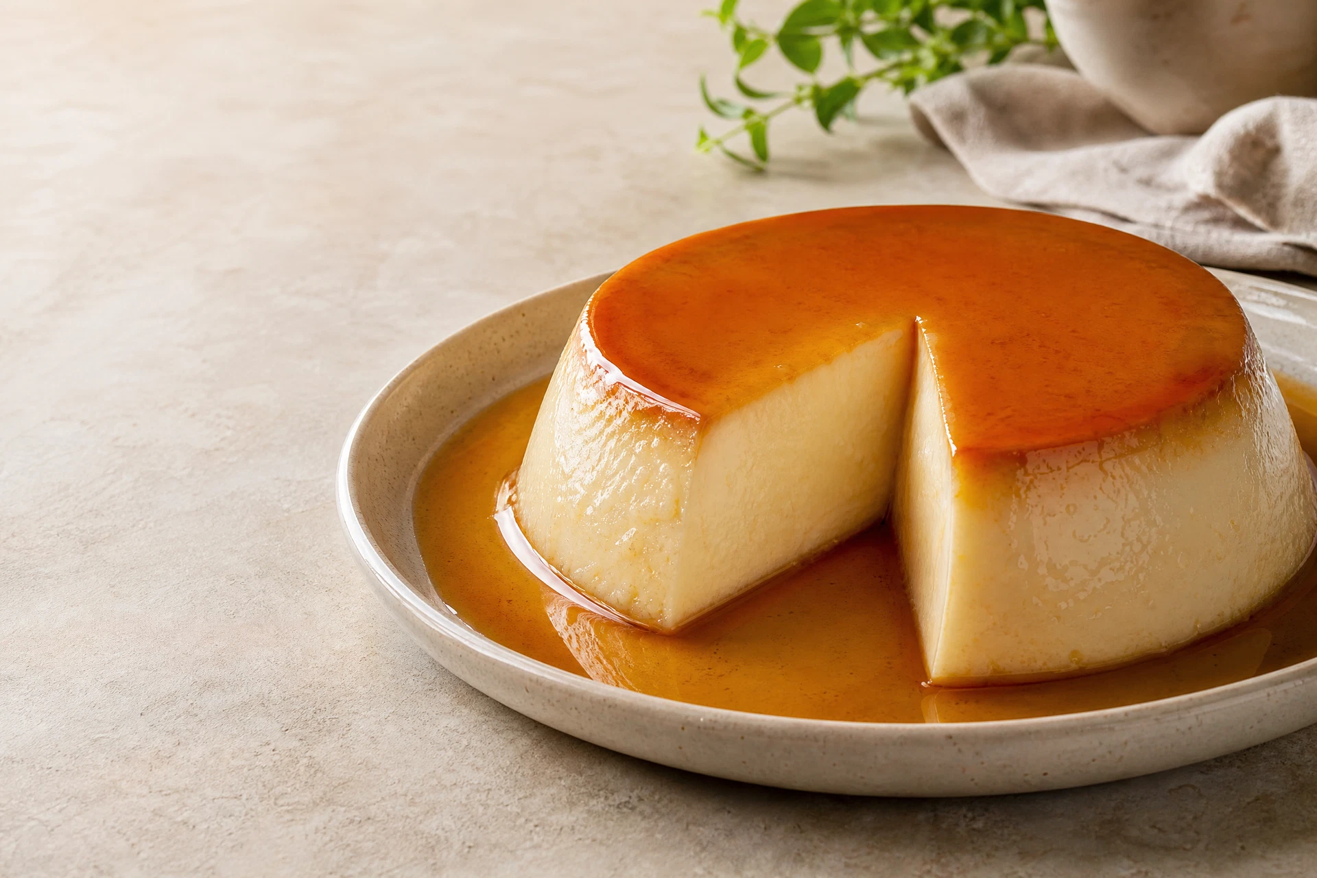 Pudim sem ovos desenformado com calda de caramelo em prato claro sobre mesa de pedra.