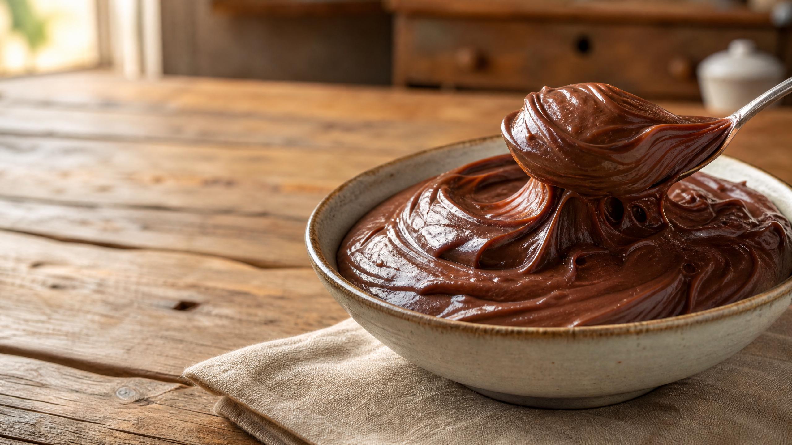 Panela com recheio de brigadeiro cremoso e brilhante sendo mexido com espátula de silicone, ideal para rechear bolos em camadas.