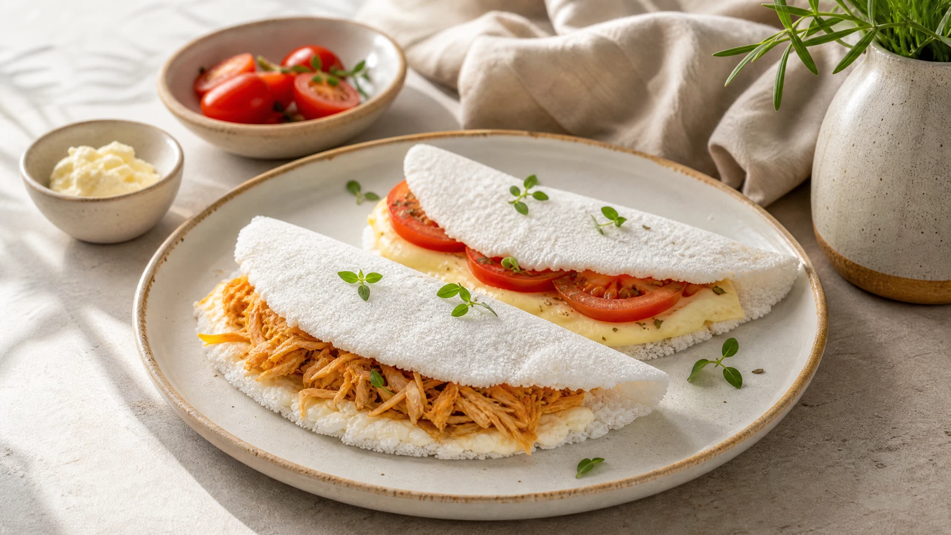 Panquecas finas de tapioca dobradas em prato de cerâmica clara.