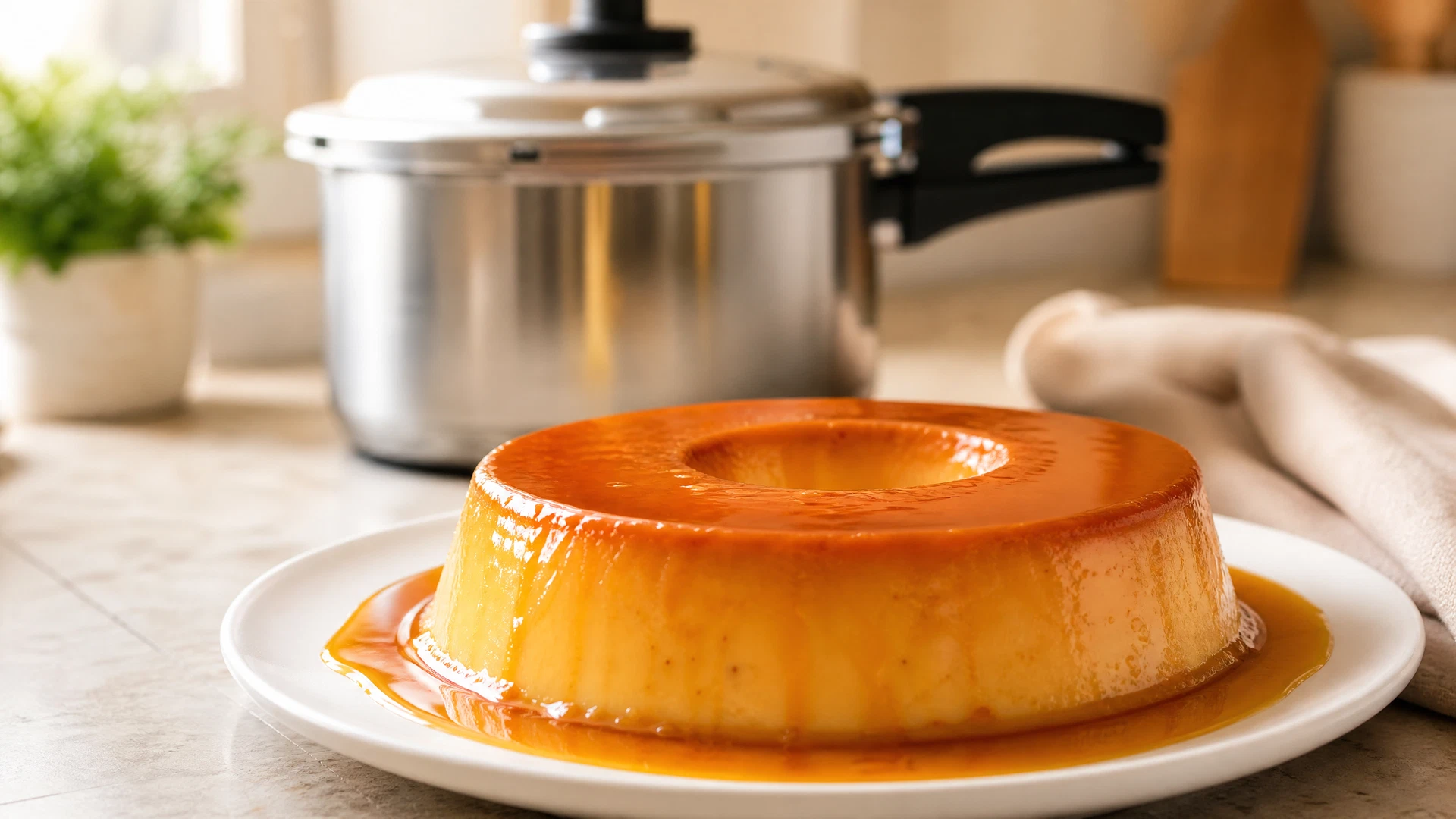 Pudim com calda de caramelo em prato claro e panela de pressão ao fundo.