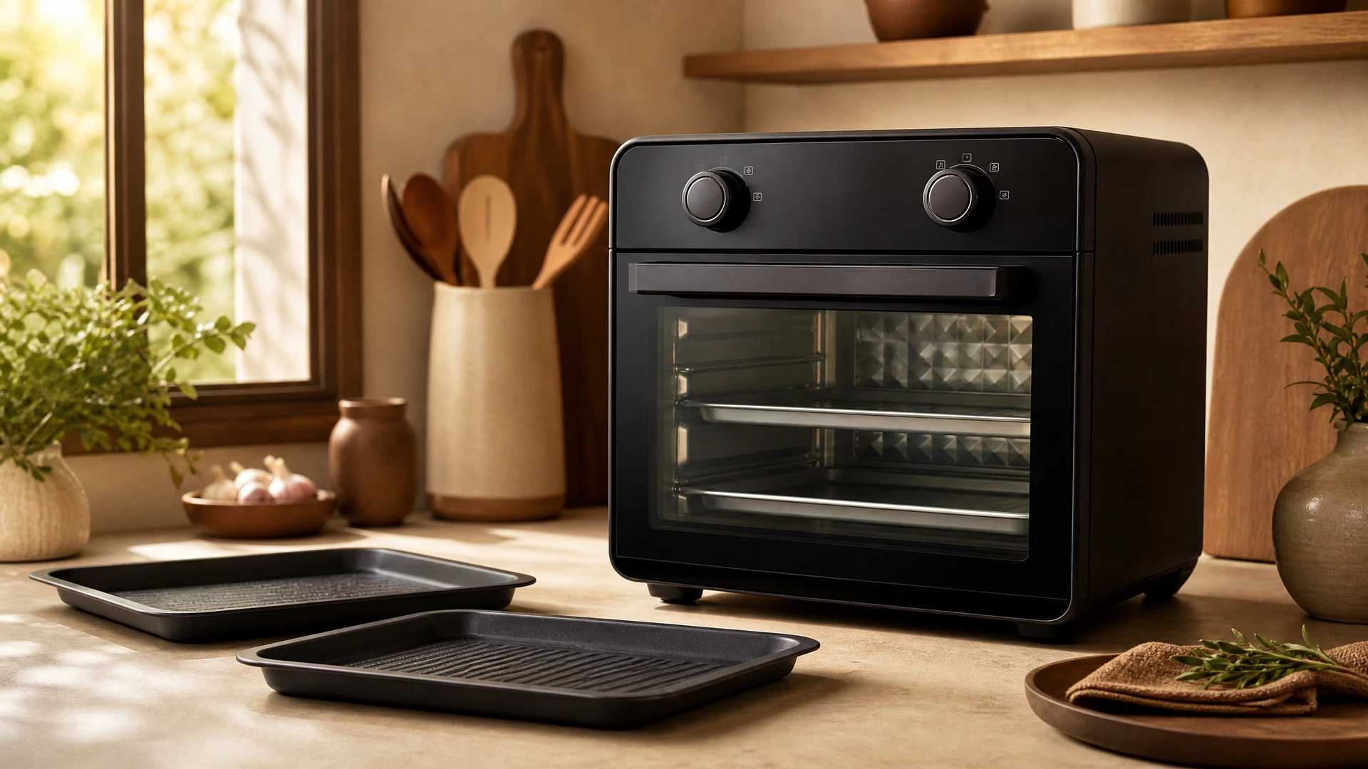 Foto editorial ilustrativa de uma Air Fryer Oven com assadeiras sem marca visível para o review da Philco PFR2200P.