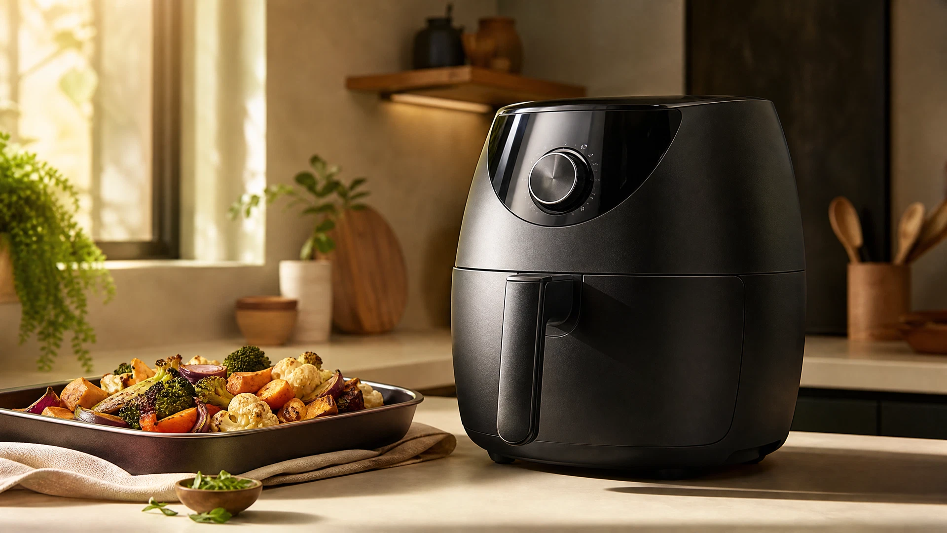 Foto editorial ilustrativa de uma Air Fryer de cesto grande sem marca visível para o review da Mondial AFN-80-BI.