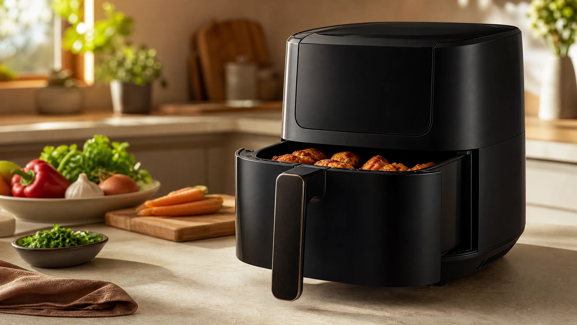 Foto editorial ilustrativa de uma Air Fryer de cesto grande sem marca visível para o review da Britânia BAF95A.