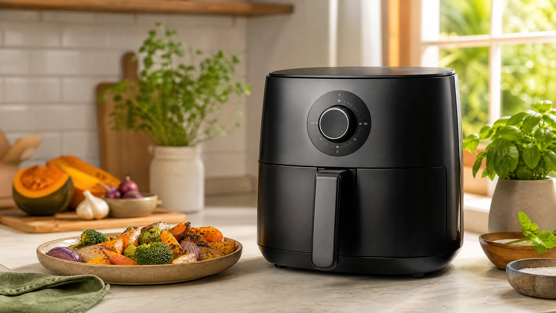 Foto editorial ilustrativa de uma Air Fryer de cesto sem marca visível para o review da Britânia BFR50.