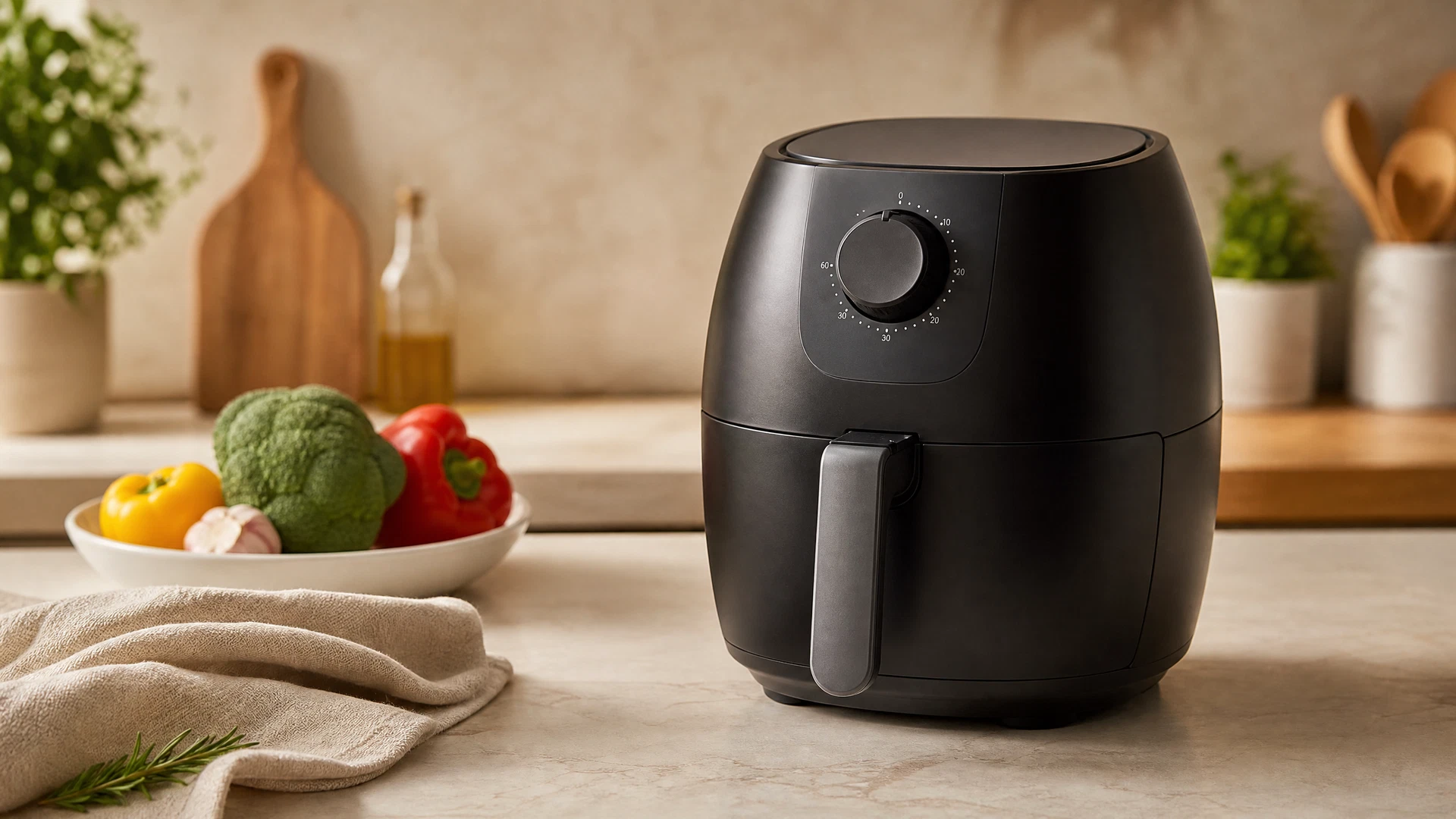 Foto editorial ilustrativa de uma Air Fryer de cesto sem marca visível para o review da Electrolux EAF40.