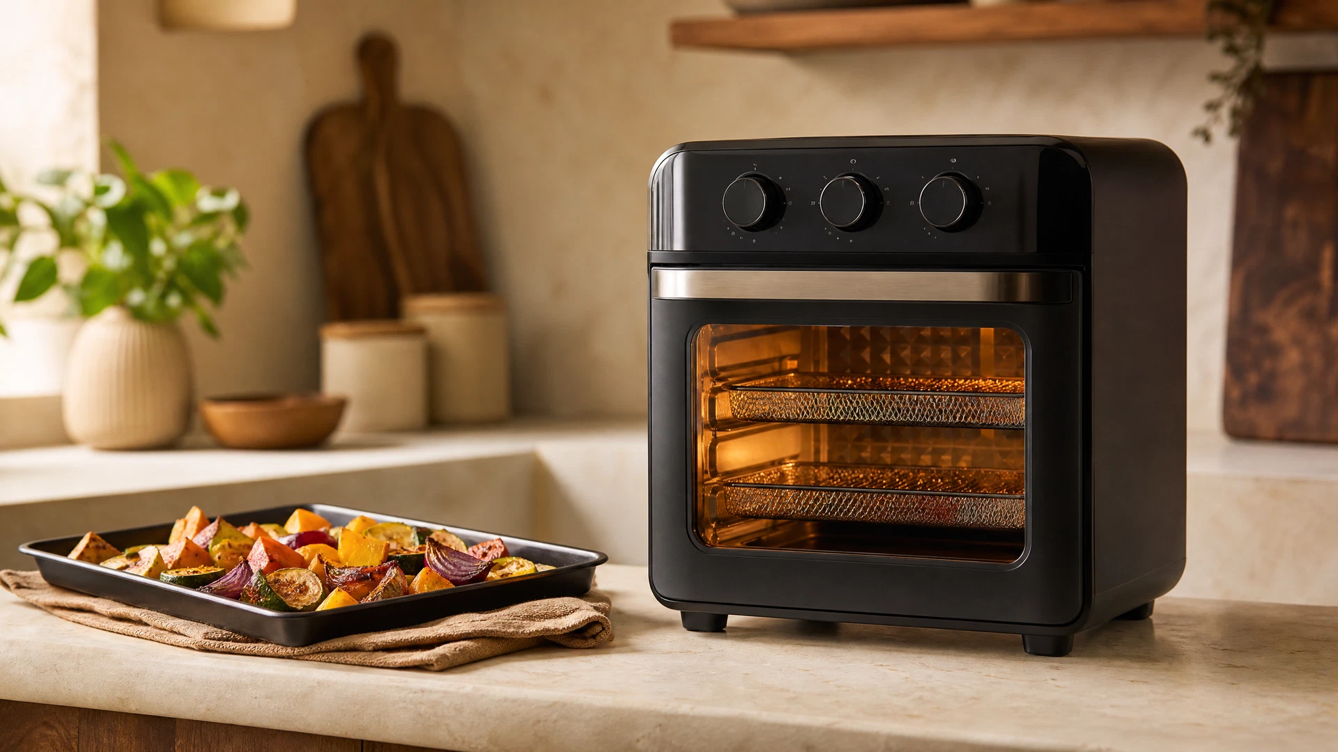 Foto editorial ilustrativa de uma Air Fryer Oven sem marca visível para o review da Electrolux EAF85.