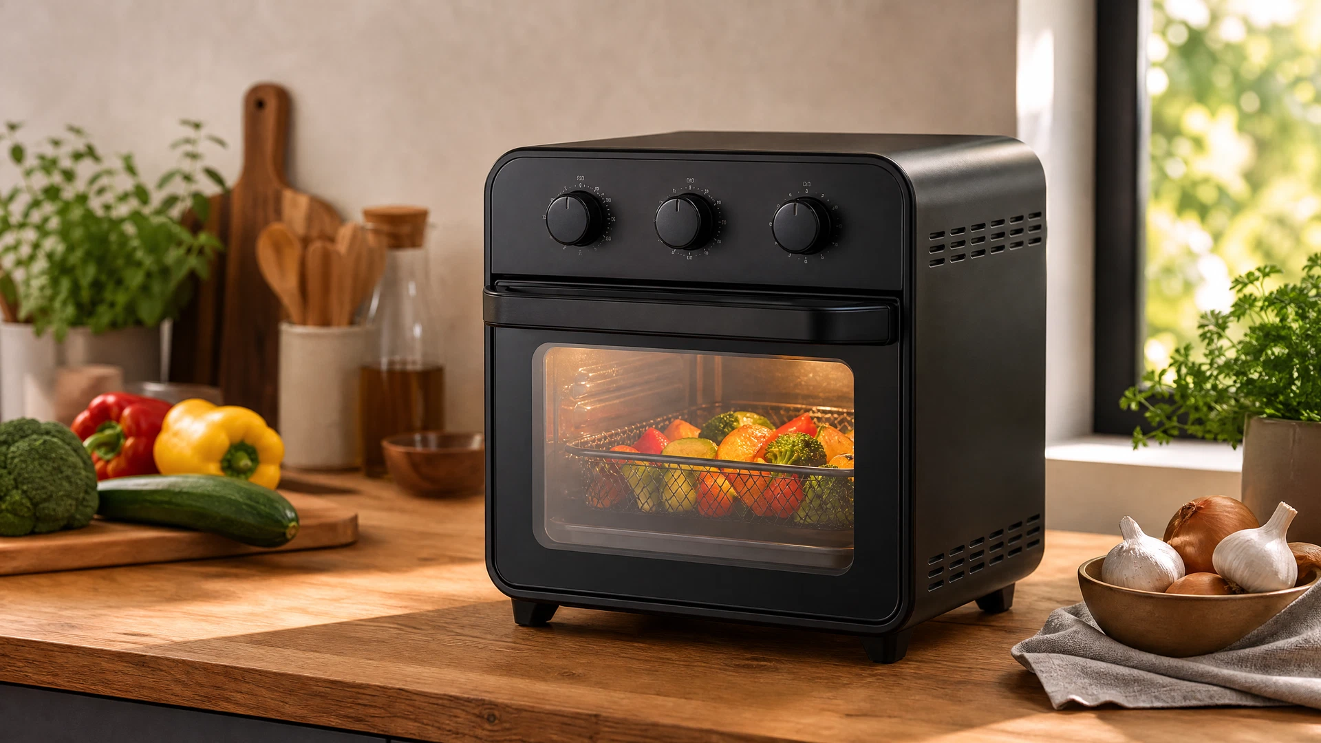 Foto editorial ilustrativa de uma Air Fryer Oven compacta sem marca visível para o review da Philco PAF11B.