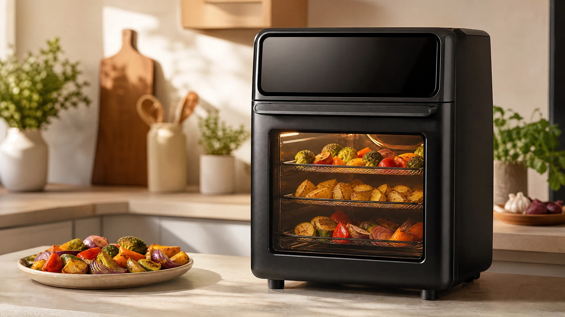 Foto editorial ilustrativa de uma Air Fryer Oven alta sem marca visível para o review da Philco PAF16A.