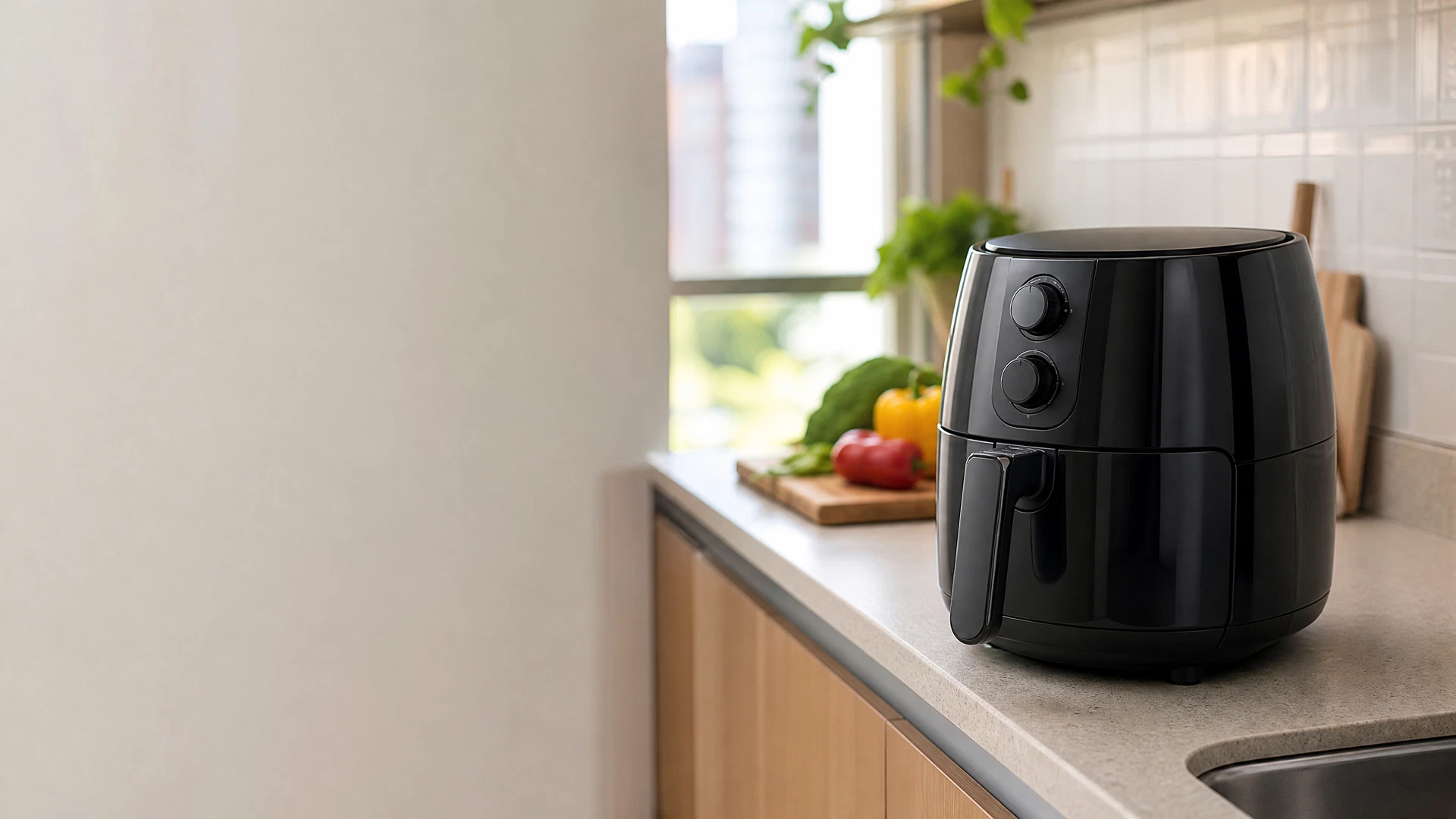 Air Fryer compacta preta de 3,5 litros em bancada estreita de cozinha brasileira, em fotografia editorial.