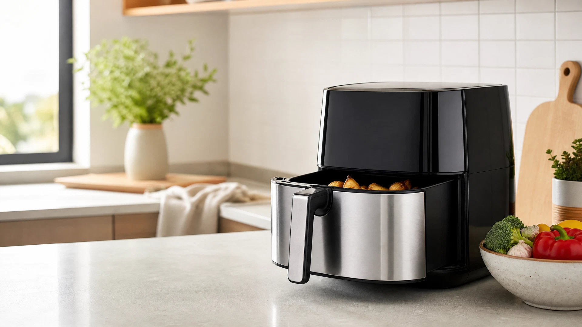 Air Fryer de gaveta preta e inox de 5 litros sobre bancada clara de cozinha, em fotografia editorial.
