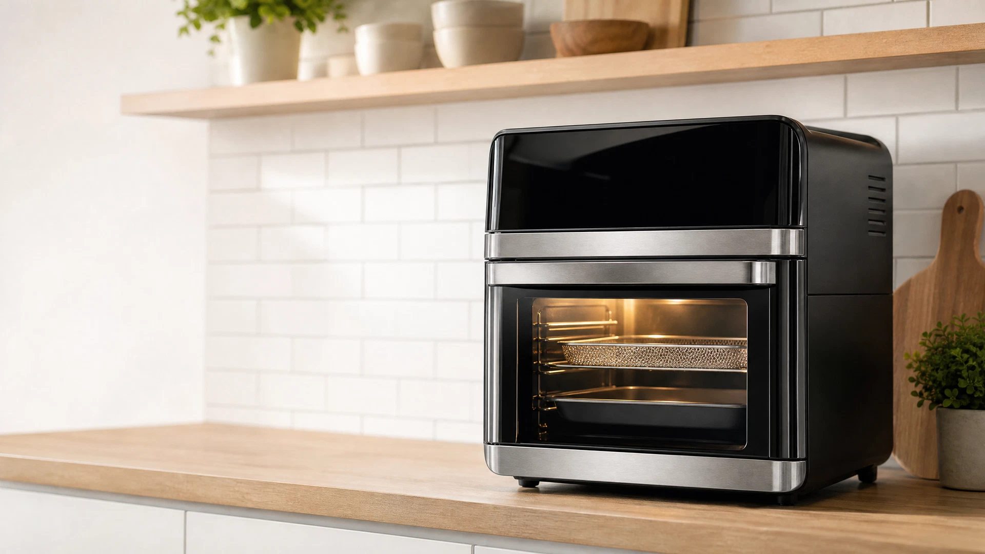 Air Fryer Oven preta e inox de 12 litros com porta de vidro e luz interna sobre bancada clara de cozinha.