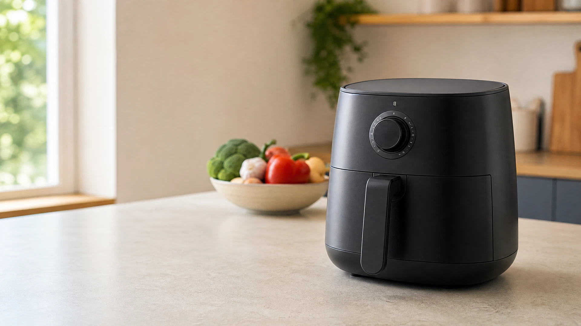 Air Fryer de gaveta preta de 6,2 litros sobre bancada iluminada de cozinha familiar, em fotografia editorial.