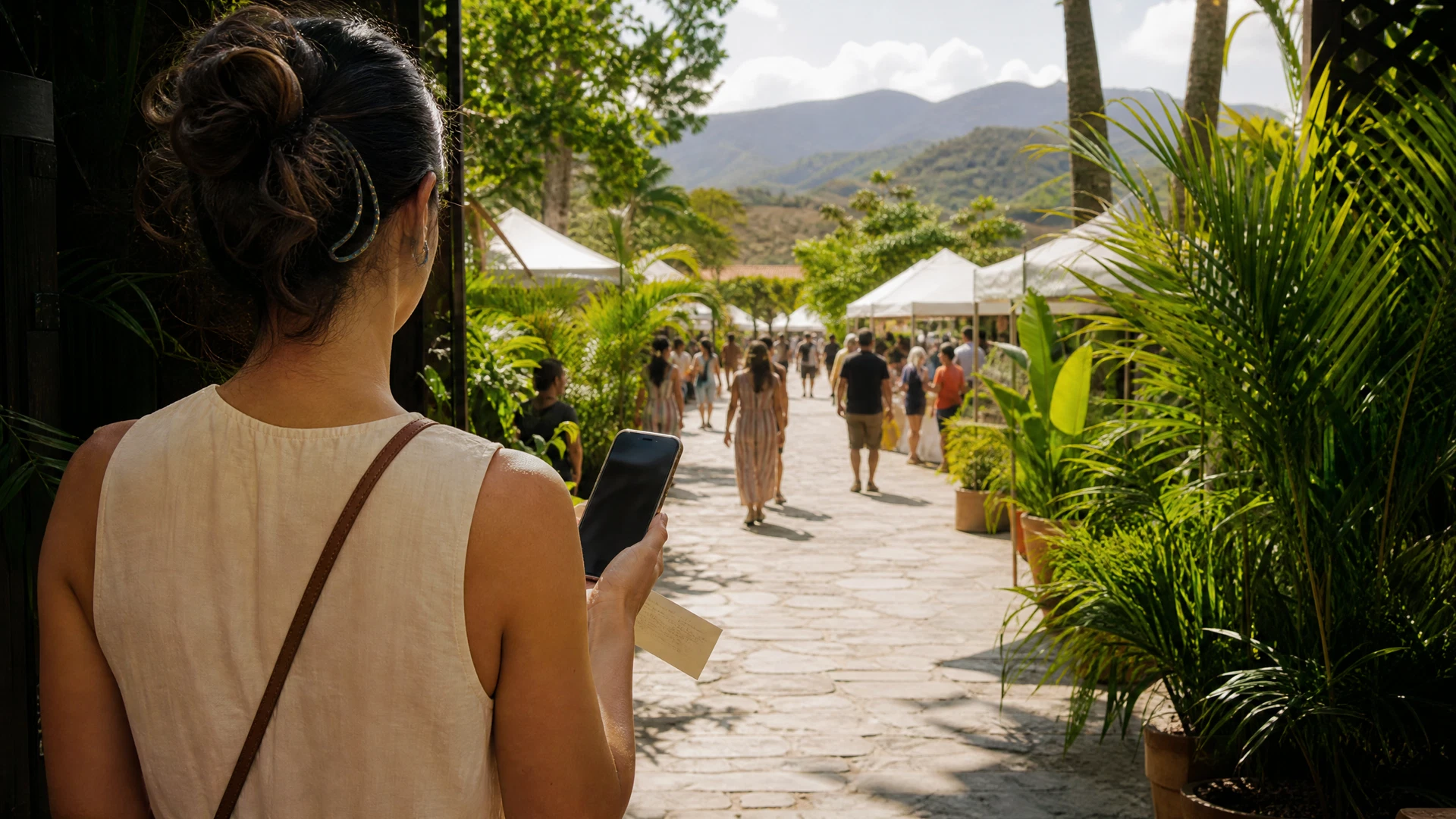 Visitante planeja a chegada a um festival gastronômico ao ar livre
