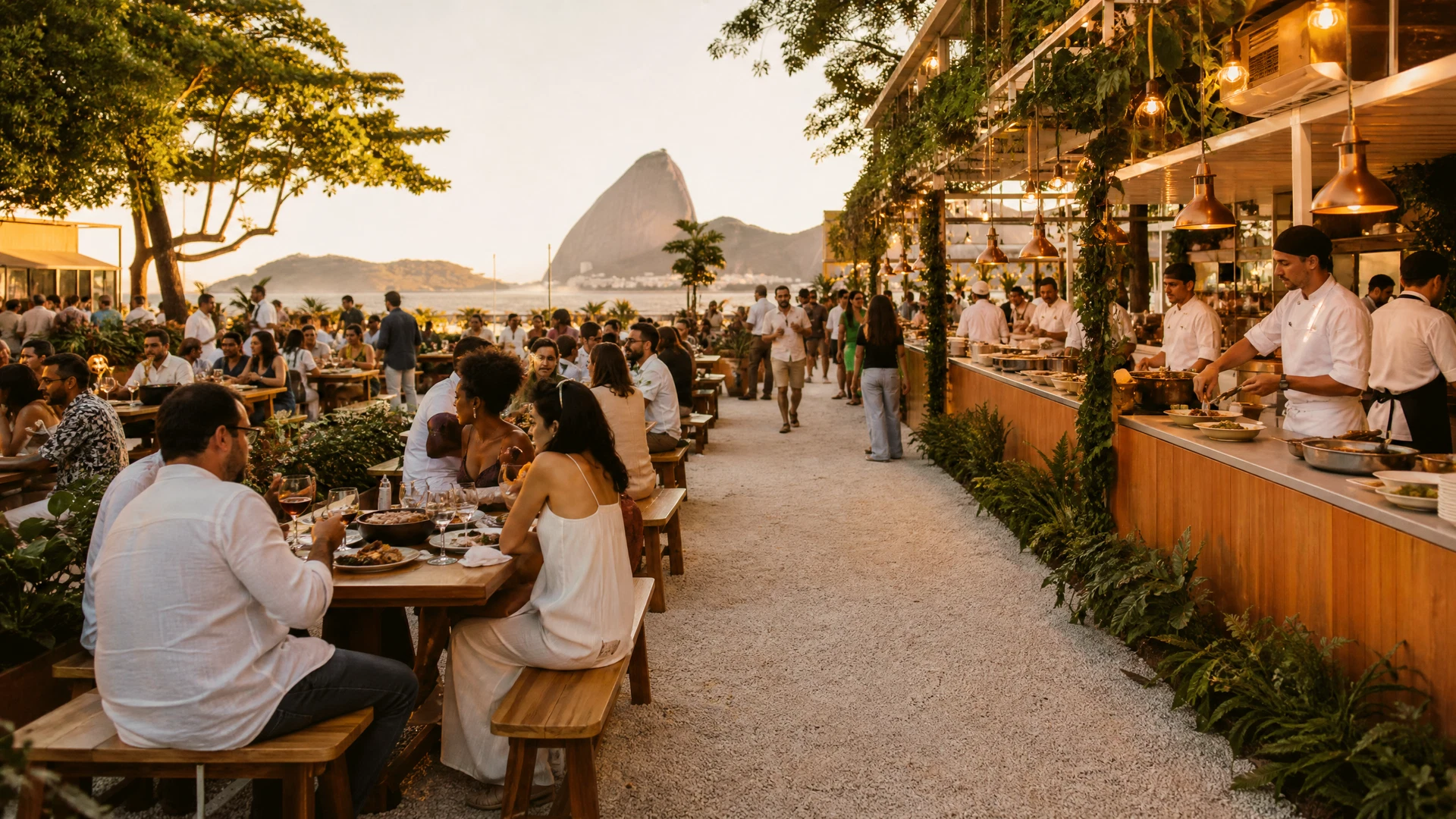 Visitantes em mesas de degustação durante um evento gastronômico ao ar livre no Rio de Janeiro