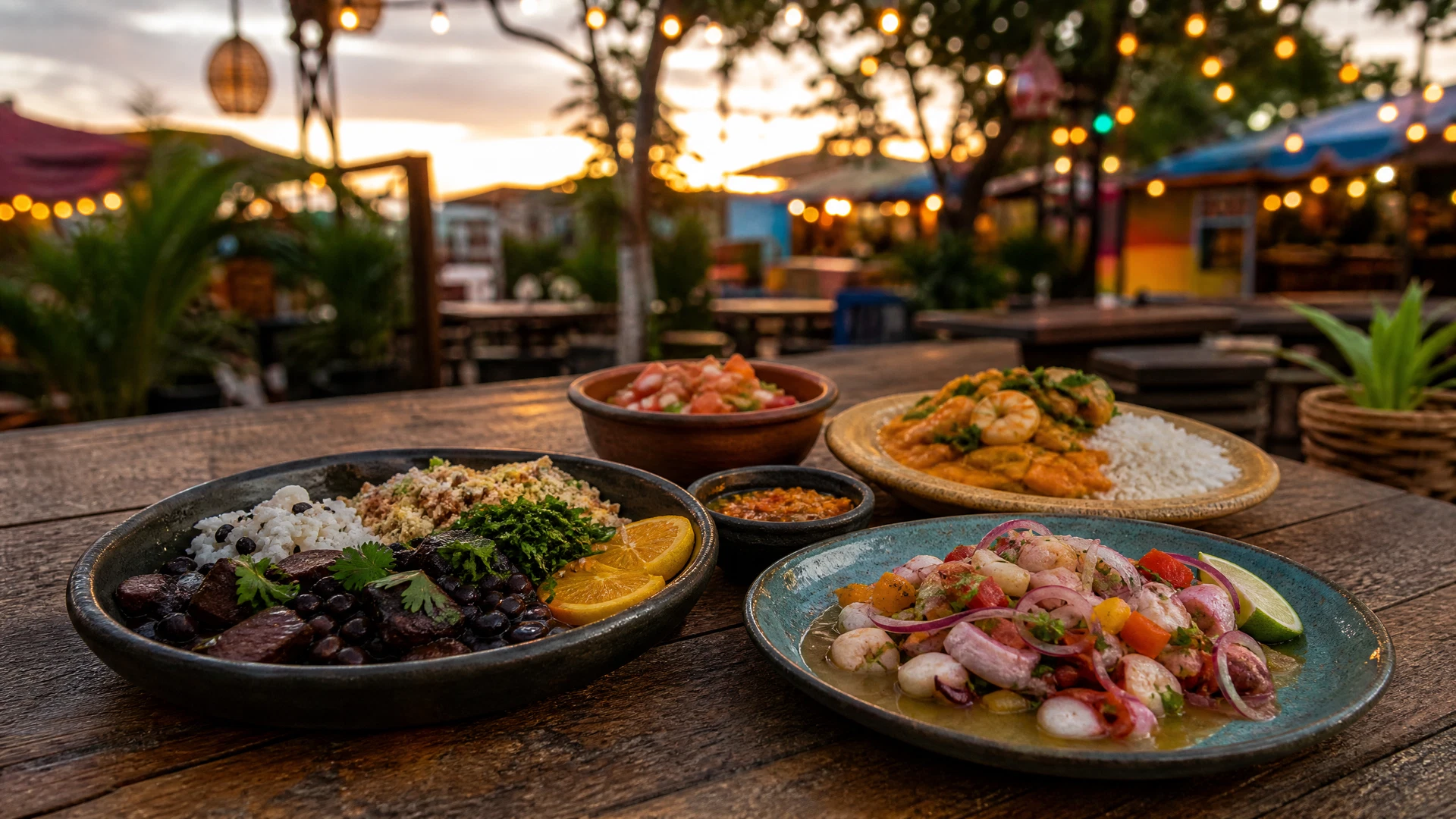 Pratos brasileiros servidos em uma mesa de festival gastronômico ao ar livre