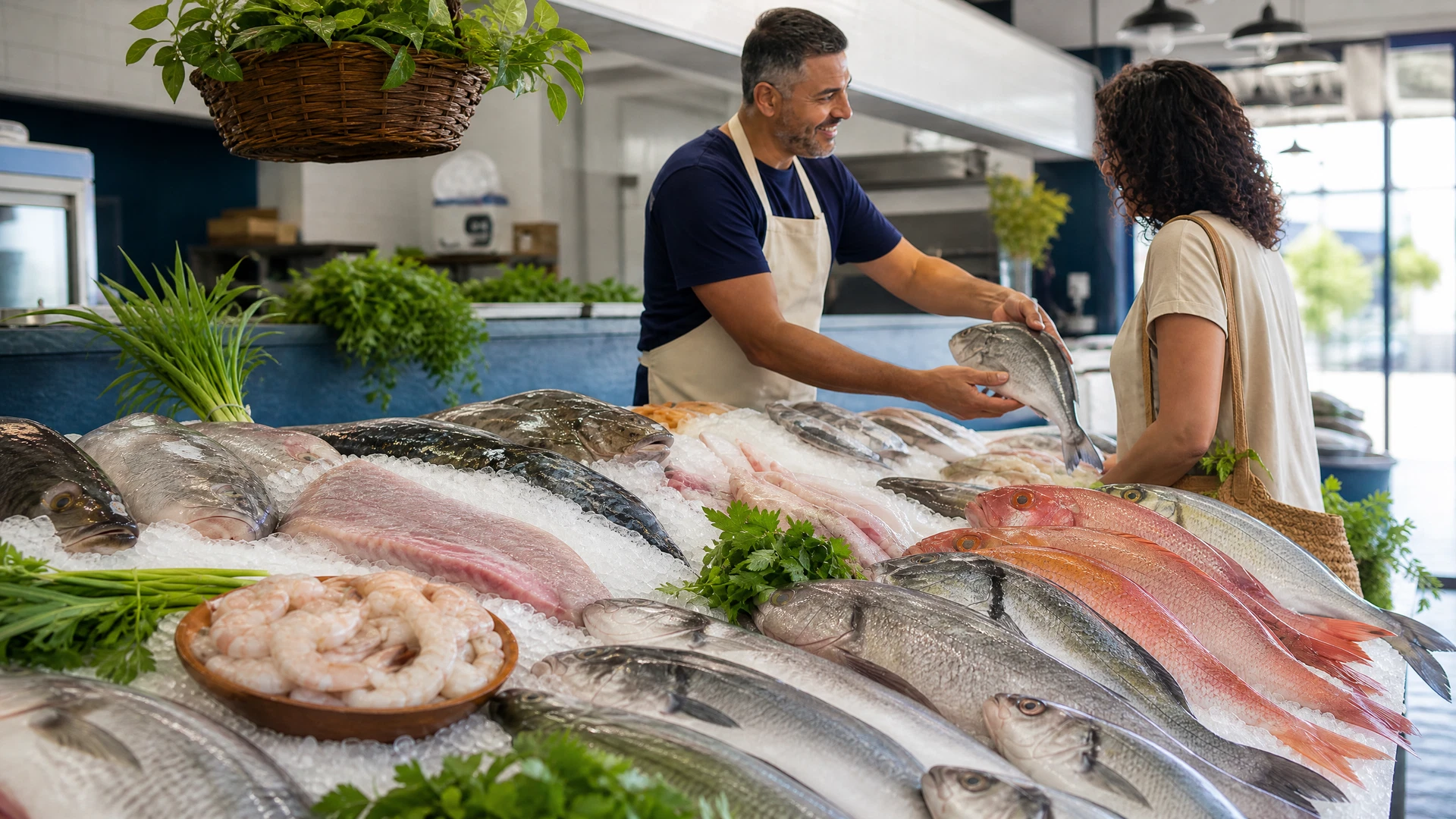 Balcão de mercado de pescado com atendimento em uma ação local