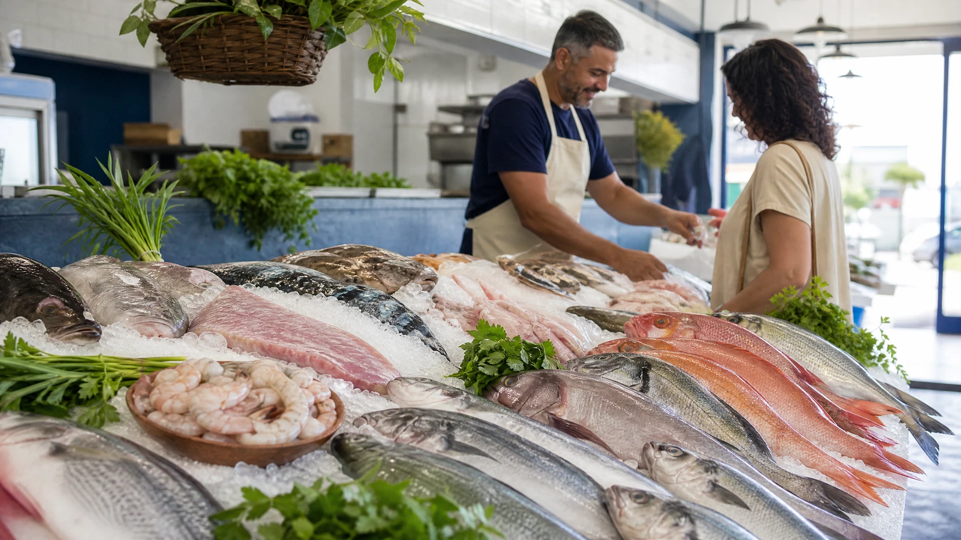 Balcão de pescado fresco em um mercado local organizado.