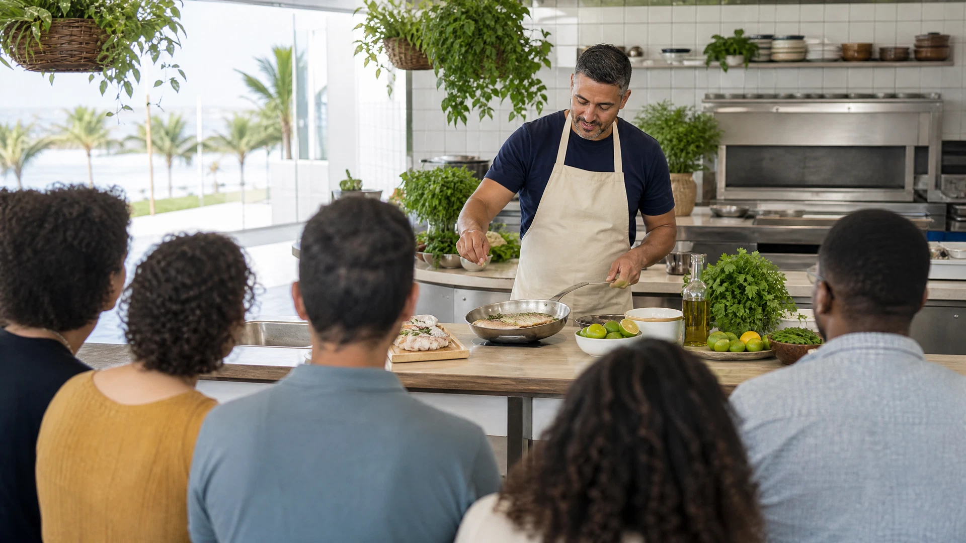 Demonstração culinária comunitária com ingredientes de pescado