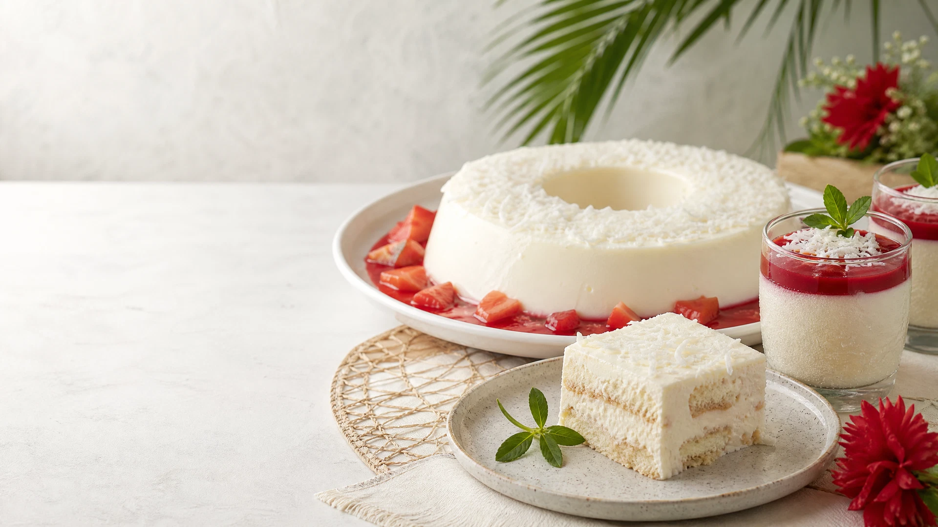 Manjar de coco, mousses e pavê gelado em mesa de Natal com clima de verão.