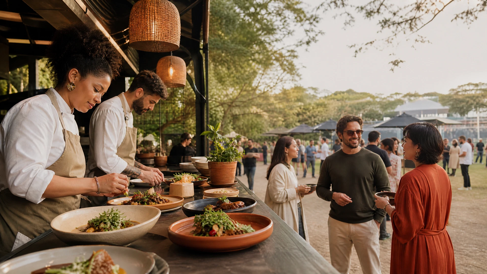 Mesas e visitantes em um festival gastronômico ao ar livre em São Paulo.