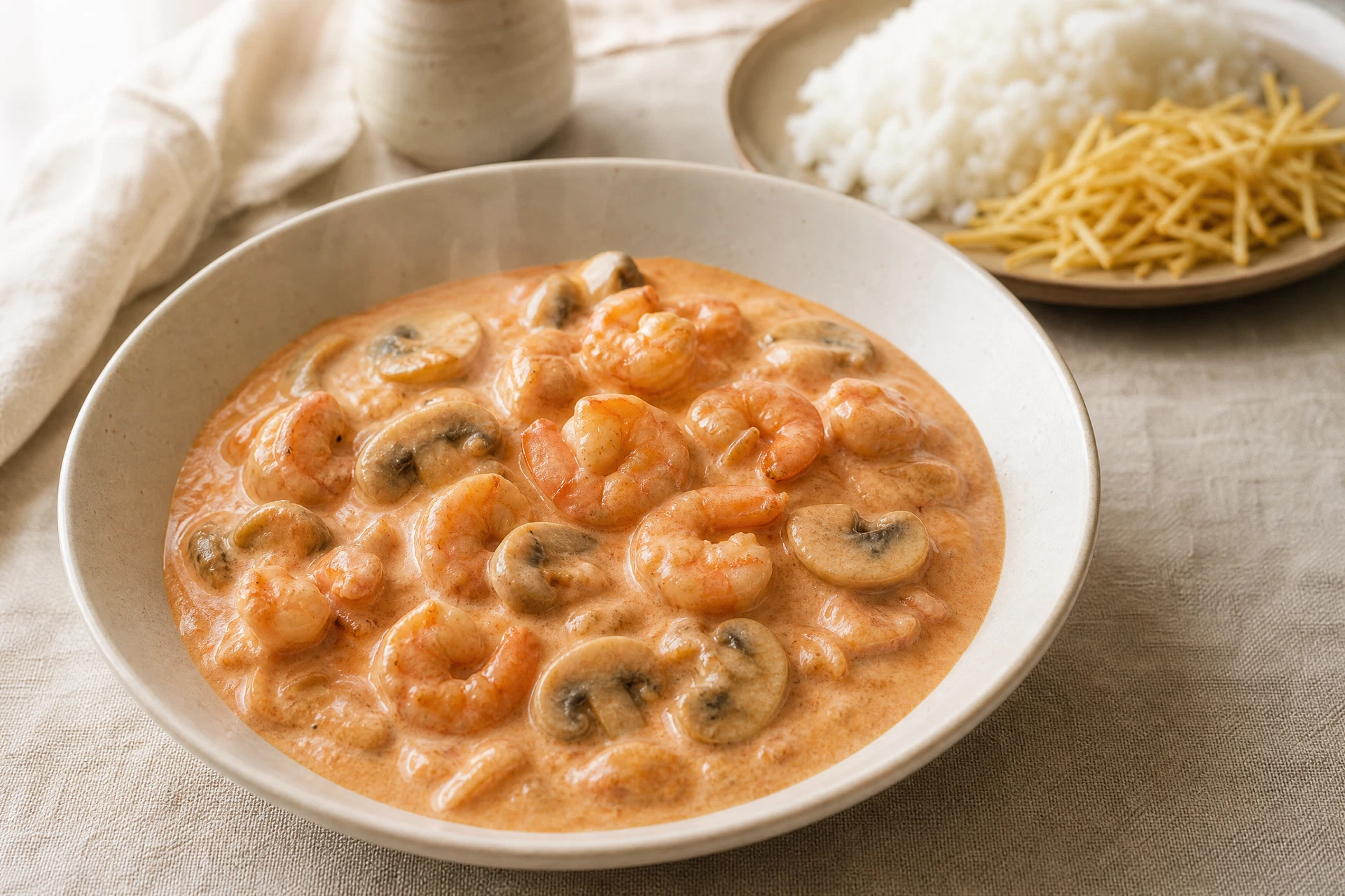Strogonoff de camarão cremoso servido em tigela clara, acompanhado de arroz branco e batata palha.