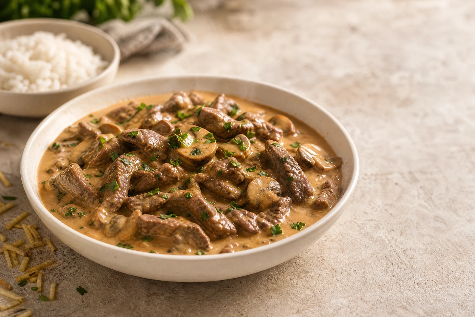 Strogonoff de carne cremoso servido em tigela clara, com tiras de carne bovina, champignon, arroz branco e batata palha ao lado.