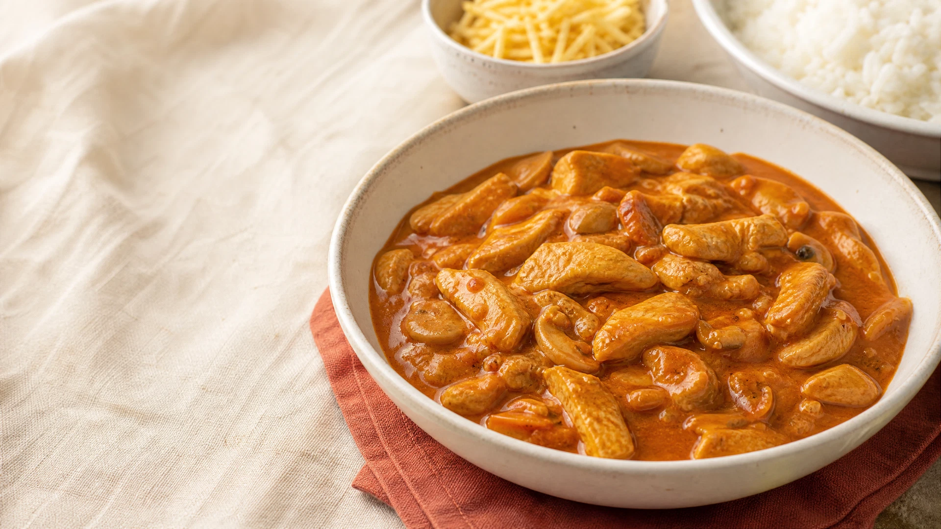 Strogonoff de frango sem creme de leite em molho caseiro servido com arroz branco e batata palha.