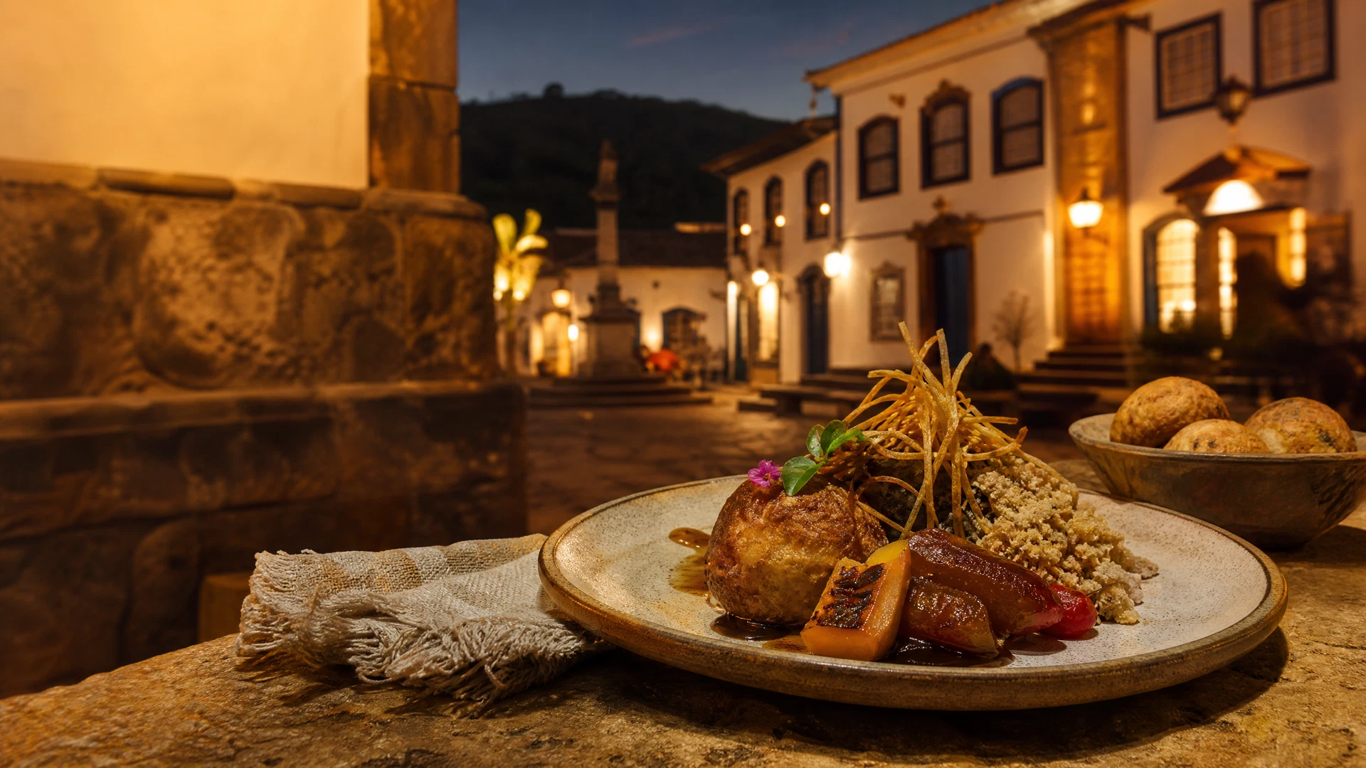 Prato de culinária mineira em primeiro plano com luzes quentes e arquitetura colonial ao fundo em Tiradentes.