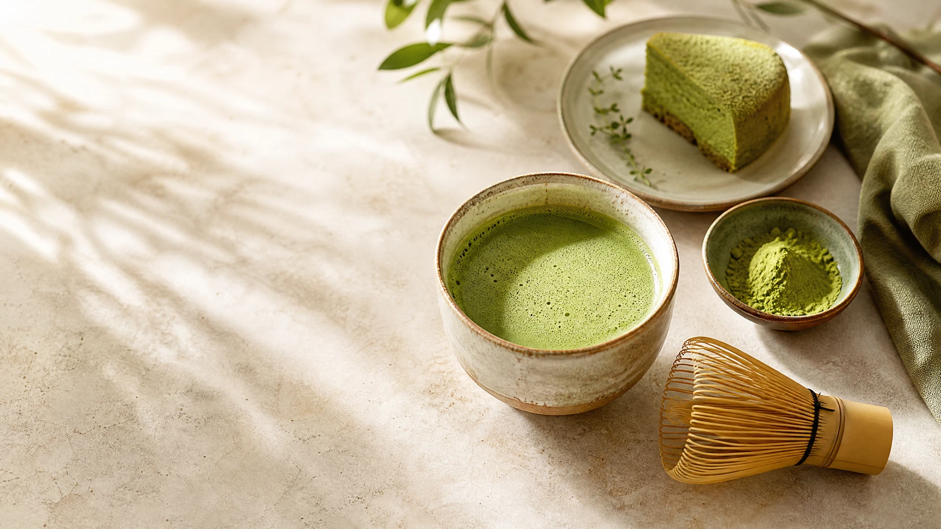Tigela de matcha verde batido com batedor de bambu e fatia de bolo em bancada clara de cozinha.