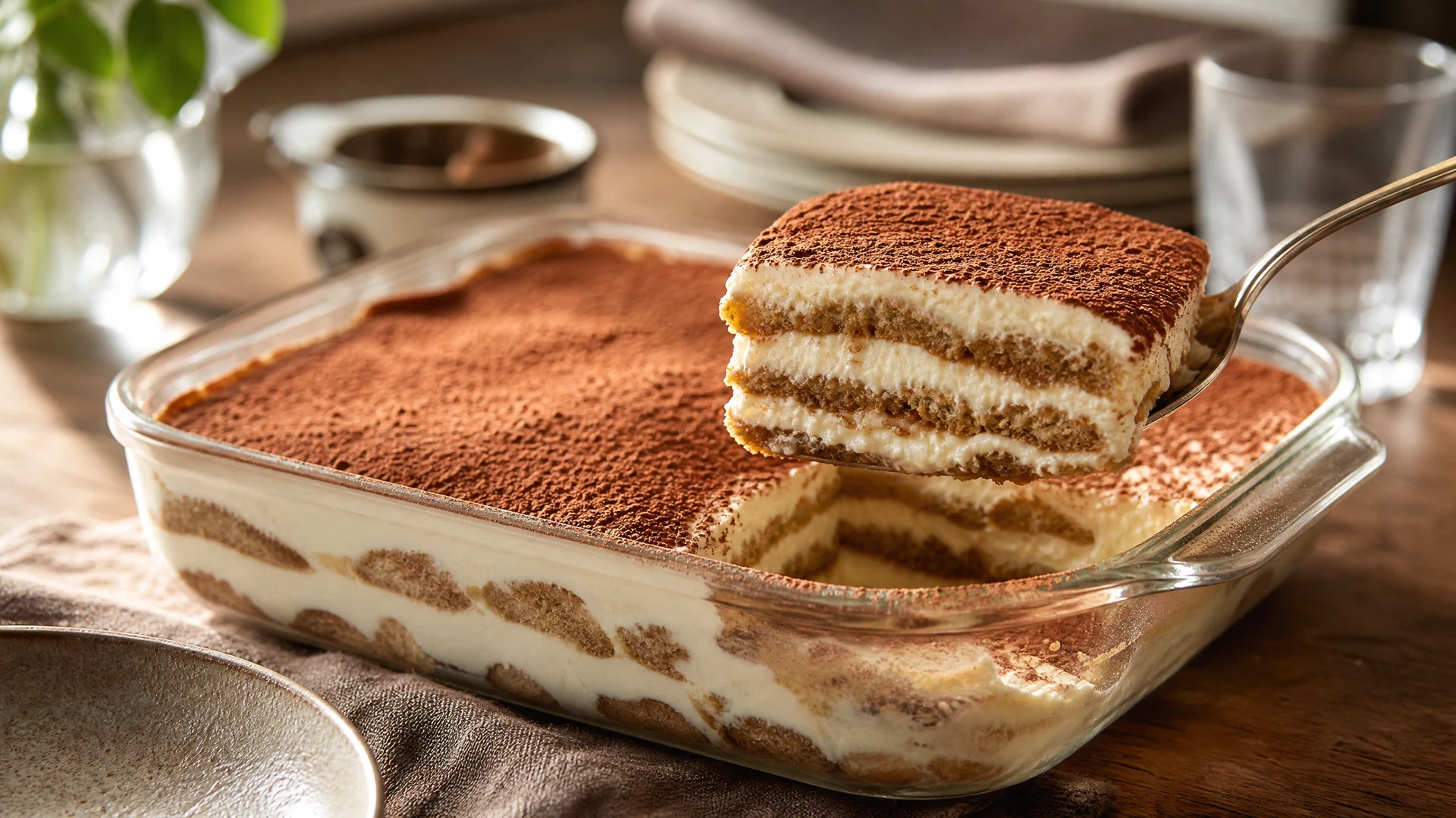 Tiramisù em travessa com camadas de creme, biscoitos de café e cacau.