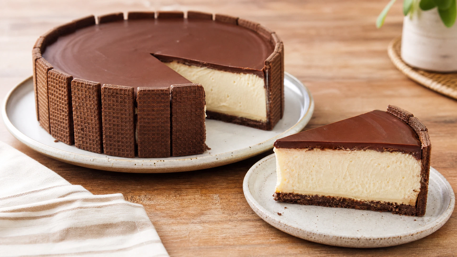 Torta holandesa gelada com biscoitos na lateral, creme claro e cobertura de chocolate.